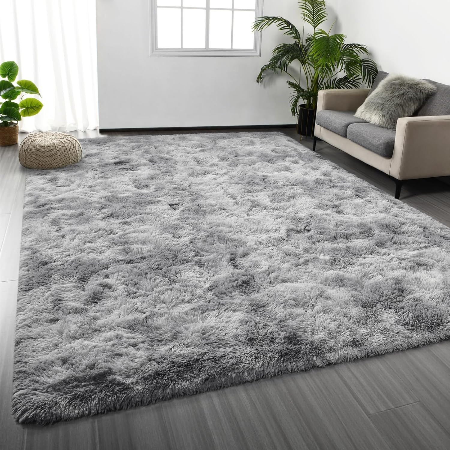 Deerhoo Large Shag Area Rugs 6 x 9, Tie-Dyed Plush Fuzzy Rug for Living Room, Ultra Soft Fluffy Furry Rugs for Bedroom, Indoor Carpet Nursery Rugs for Kids Room Home Decor, Light Grey