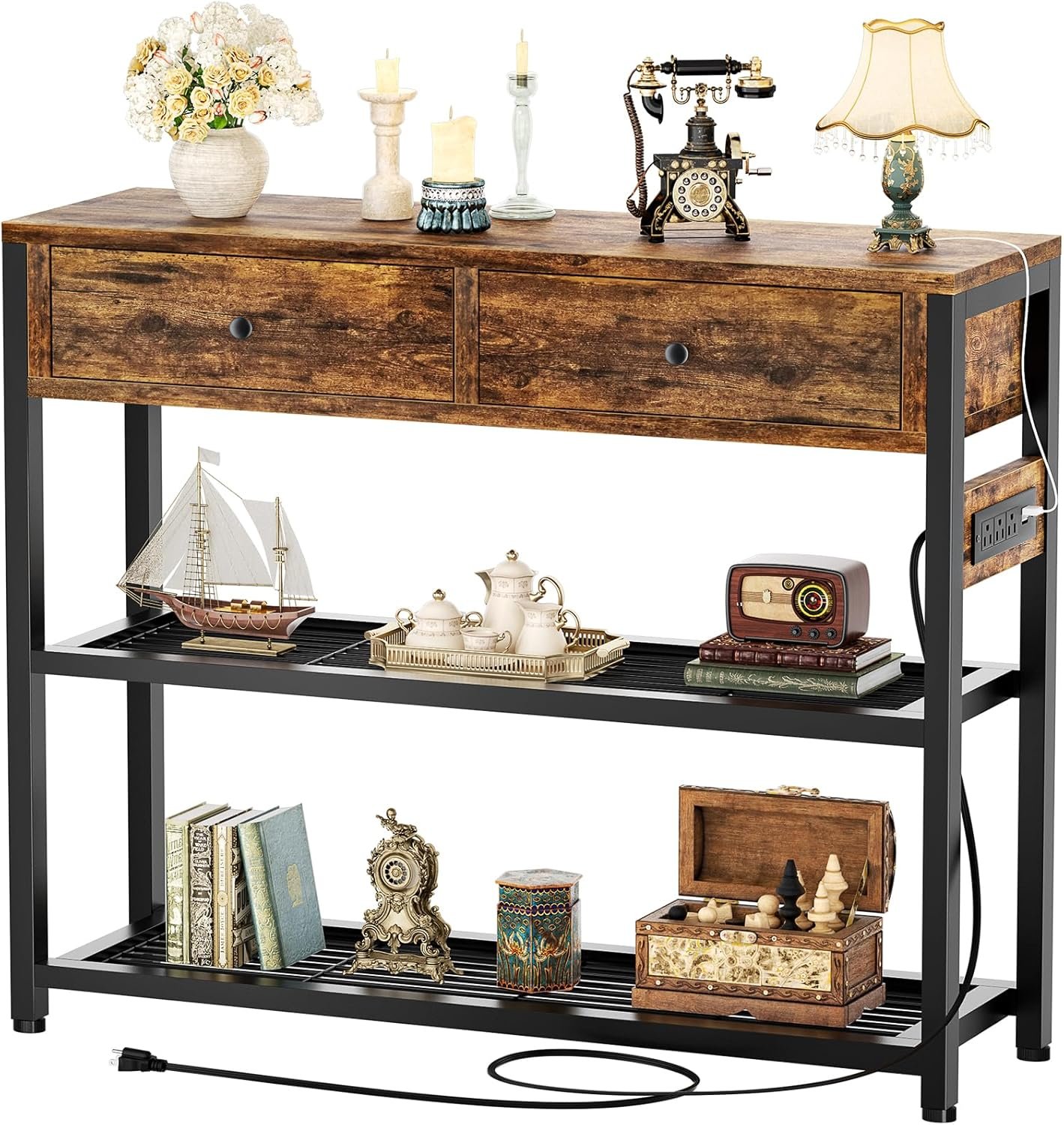 Ecoprsio Entryway Table with Outlets and USB Ports, Console Table with 2 Drawers, Small Sofa Table with Storage Shelves for Living Room, Couch, Hallway, Foyer, Kitchen Counter, 32'', Rustic