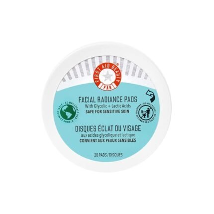 First Aid Beauty - Facial Radiance Pads with Glycolic & Lactic Acids, Daily Exfoliating Pads with AHA, Visibly Smaller Pores, Help Tone & Brighten Skin, One-Step Makeup Prep, Compostable, 28