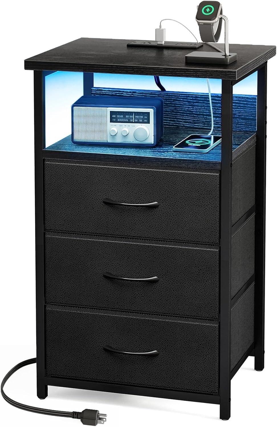 Fixwal Night Stand with Charging Station, LED Nightstand with U-S-B Ports and Outlets, 3 Fabric Storage Drawers with PU Finish, Bedside Table, Black