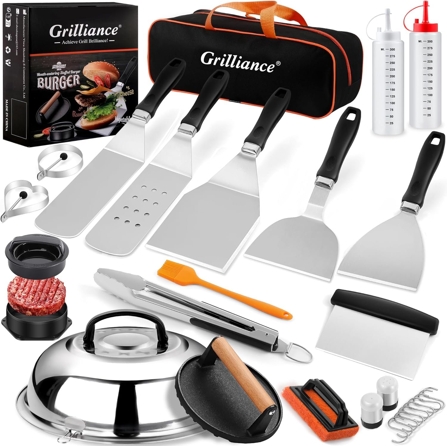Grilliance 27pcs Griddle Accessories Kit for Blackstone, Professional Hibachi Flat Top Grill Tools, Enlarged Spatula Gift Set with Basting Cover,Burger Press Patty Maker for Outdoor BBQ Teppanyaki