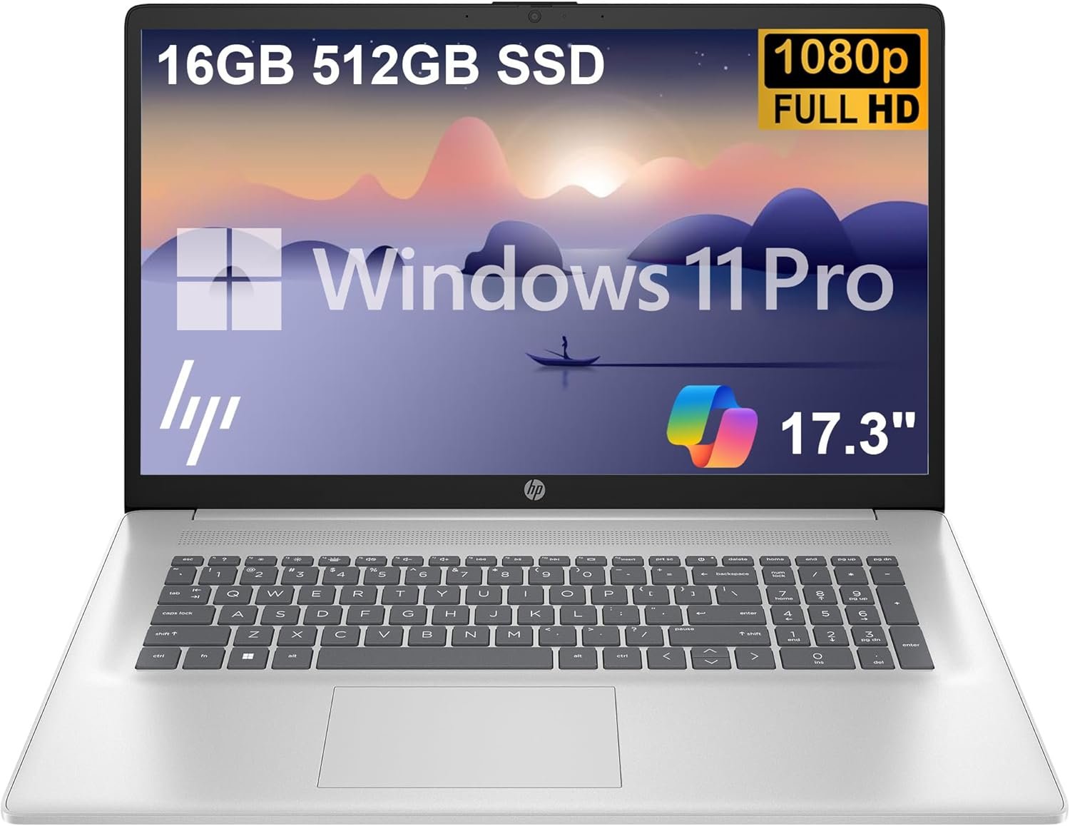 HP 17 Laptop (17.3" FHD Anti-Glare, 16GB RAM, 512GB SSD, AMD Ryzen 5 7430U (> Intel i5-1334U)), Webcam, Long Battery Life, Fast Charge, Numeric Pad, Win 11 Pro w/ Copilot, Business & Student – Silver