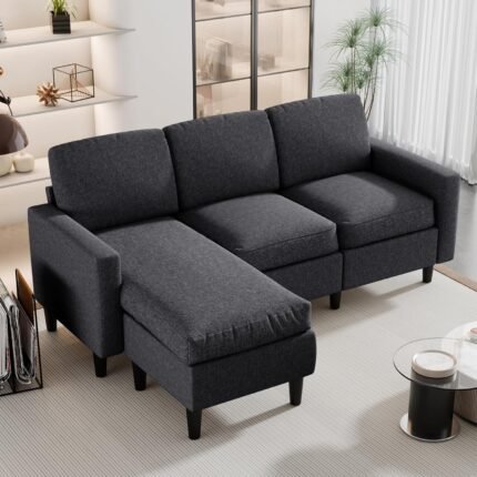 JAMFLY 73.6" Modular Sectional Sofa with Ottoman for Small Apartments, Reversible L-Shaped Couch for Compact Living Rooms, Linen Fabric 3-Seater Set for Studio & Office Nap, Black
