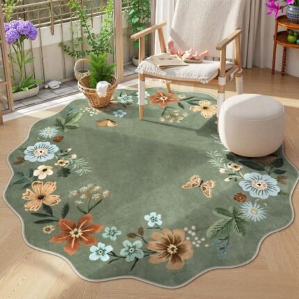 Lahome Floral Washable Round Rugs, Non-Slip Soft Round Rug 4ft Ultra-Thin, Small Boho Circle Carpet for Entryway Kitchen Bedroom Nursery Bathroom, Green