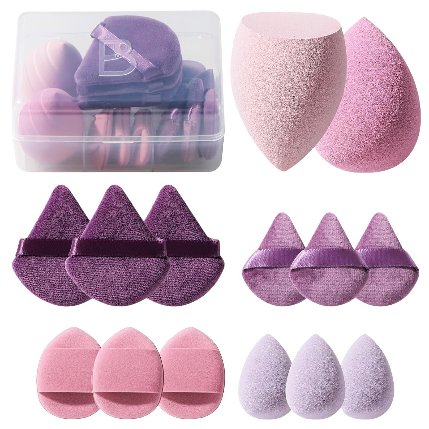 Makeup Sponge Set BS-MALL Triangle Puff 14 Pcs for Liquid, Cream, and Powder, Multi-colored Makeup Sponges and Mini Sponge with Case (A-Purple) - Image 1