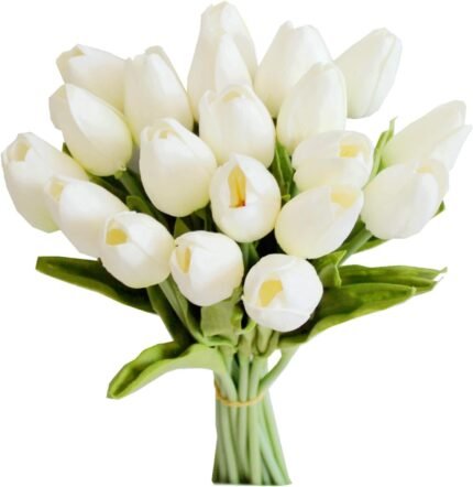 Mandy's Artificial Tulips 20 Stems White PU Faux Flowers for Valentine's Day and New Year Decorations Wedding Home Decor 13.5 Inch