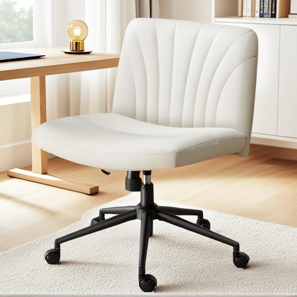 Marsail Criss Cross Chair with Wheels, Wide PU Leather Armless Desk Chair, Swivel & Height Adjustable Cross Legged Office Chair for Makeup, Small Spaces, Bedroom, Vanity