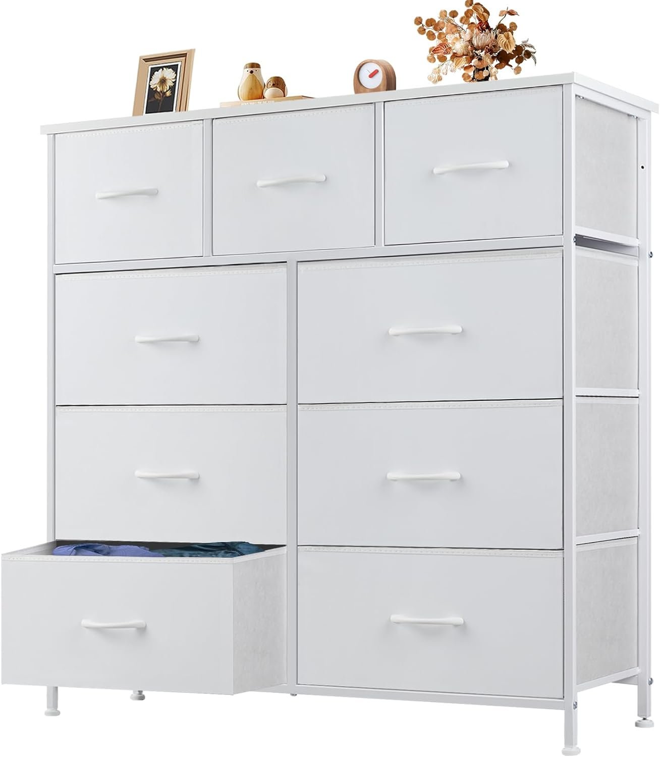 OLIXIS 9 Drawer Storage Dresser with Wood Top - Wide Fabric Chest Organizer for Bedroom, Closet, Living Room,Tower Cabinet, TV Stand, Hallway Entryway Furniture,Bright White