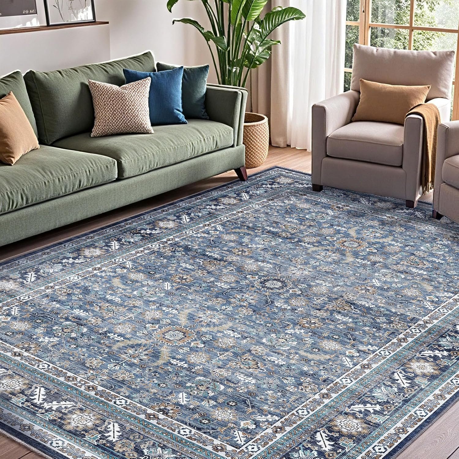 OPPODREAM Thin Vintage Blue Area Rugs 5x7, 5 x 7 Retro Washable Rug Non Slip, Low-Pile Faux Wool Carpet, Distressed Navy Floor Mat for Living Room, Bedroom, Kitchen, Office, Dorm, Dinning Room