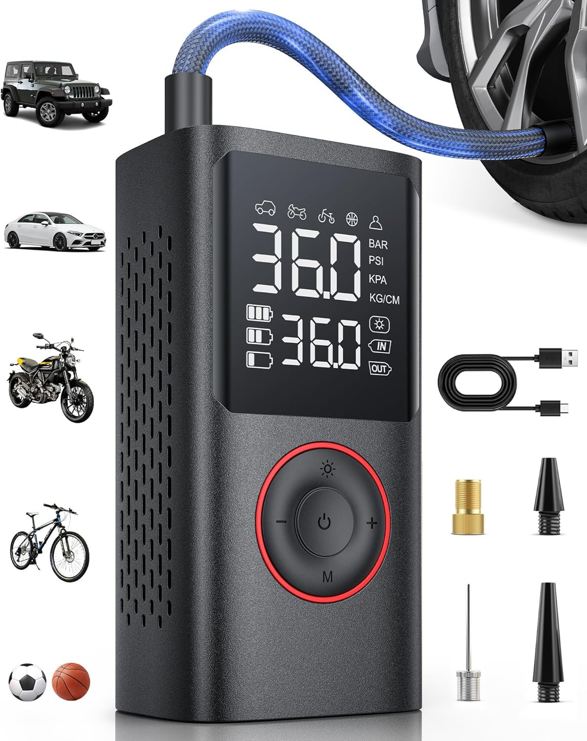Powools Tire Inflator Portable Air Compressor, 150 PSI Cordless Bike Pump, Air Pump for Auto, Motorcycle, Bicycle, Balls with Pressure Gauge, LED Light & Car Accessories, Black, Standard Capacity - Image 1