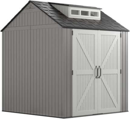 Rubbermaid Resin Outdoor Storage Shed With Floor (7 x 7 Ft) Weather Resistant Gray Organization for Home/Backyard/Garden Tools/Lawn Mower/Bike Storage/Pool Supplies