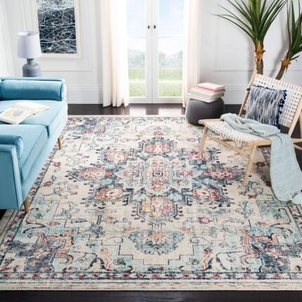 SAFAVIEH Area Rug 9x12 - Madison Collection - Large - Cream & Blue, Boho Chic Distressed Medallion Design, Non-Shedding & Easy to Clean, Ideal for Living Room, Bedroom, Dining Space (MAD473B)