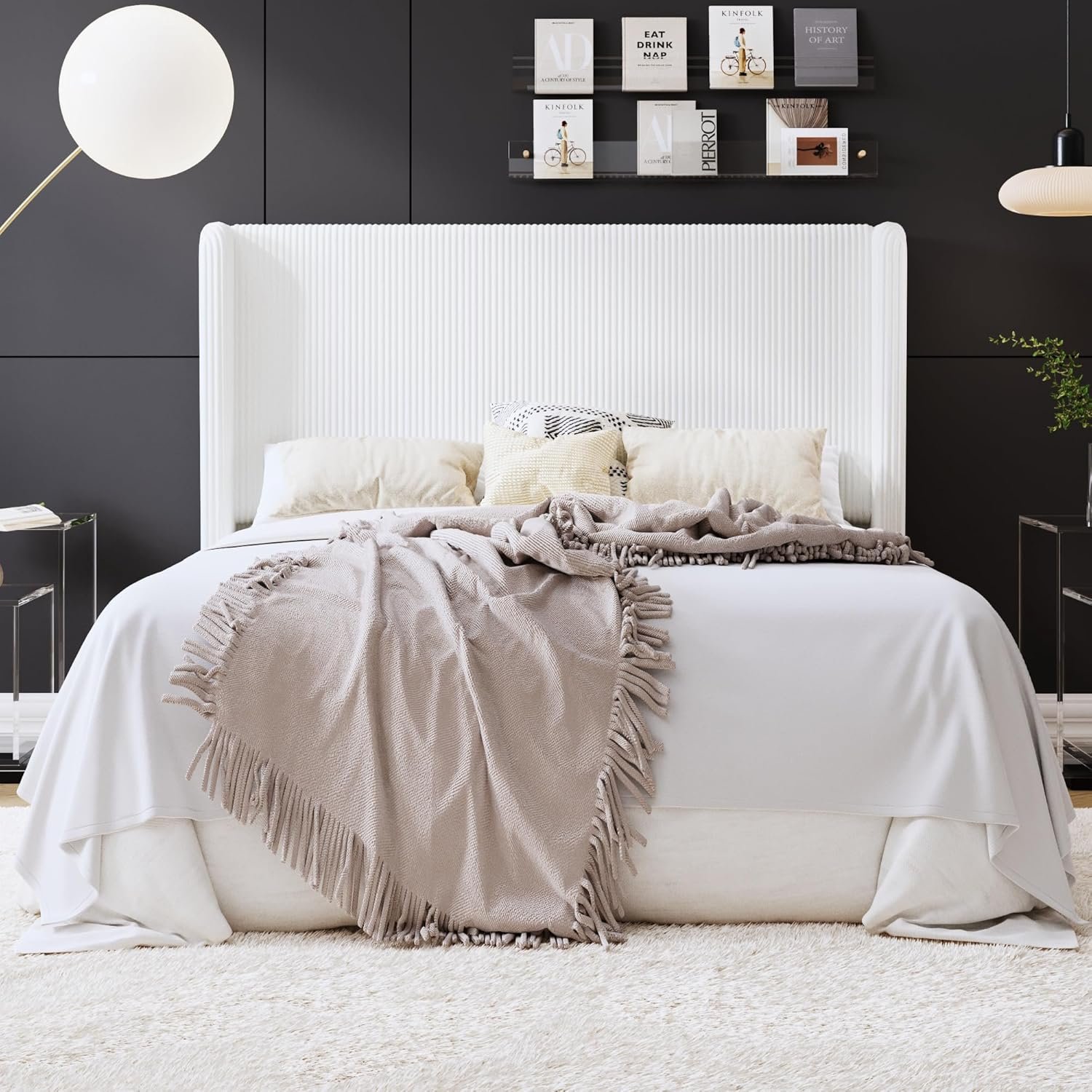 SHA CERLIN Queen Size Corduroy Upholstered Platform Bed Frame with Vertical Channel Tufted Wingback Headboard, 8" Under Bed Storage, Wooden Slats & Metal Frame Support, Easy Assembly, White