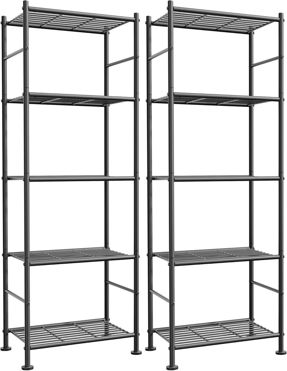 Sakugi Storage Shelves - Set of 2, 5-Tier Metal Shelf Organizer, Space-Saving Garage Shelving with Leveling Feet, Standing Shelves Organizer for Kitchen, Laundry, Pantry (18.4" x 12.6" x 57.4", Black)