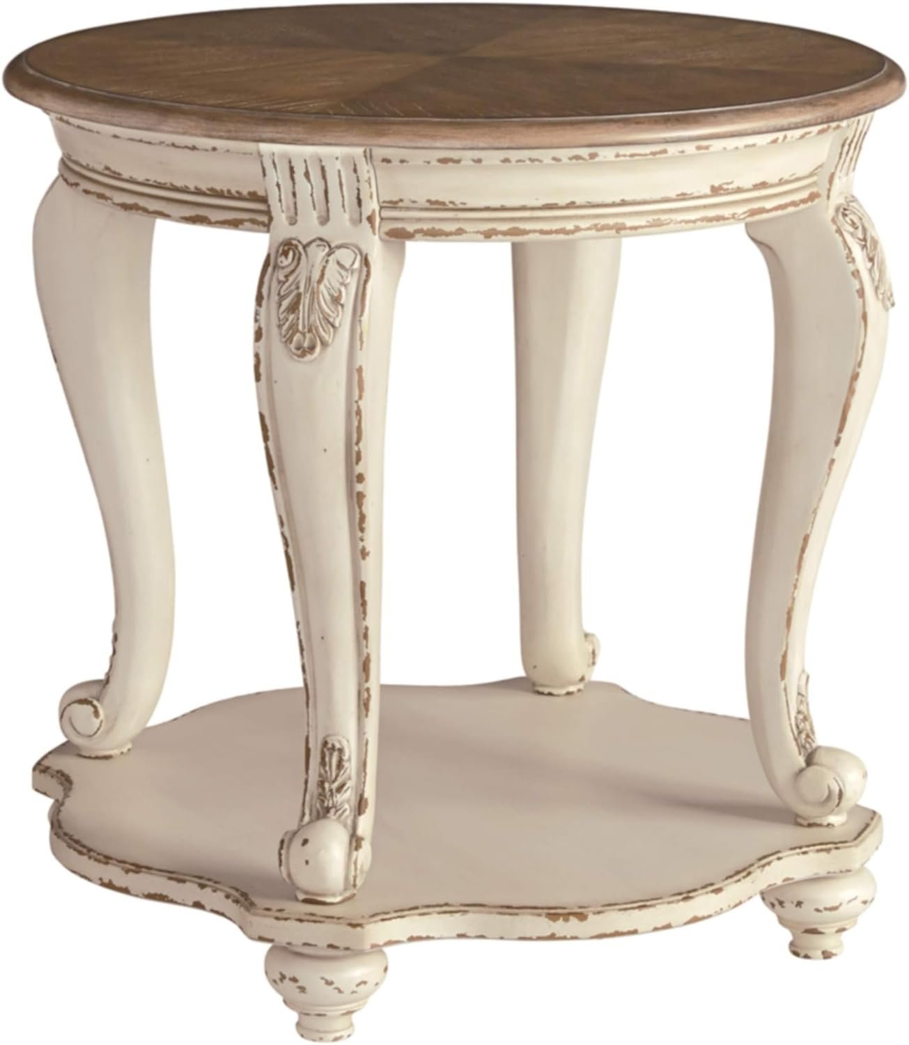 Signature Design by Ashley Realyn Cottage Style Round End Table, Fixed Lower Shelf, Antiqued 2-tone, Finish, Wood, 26" W x 26" D x 25.88" H, White and Brown