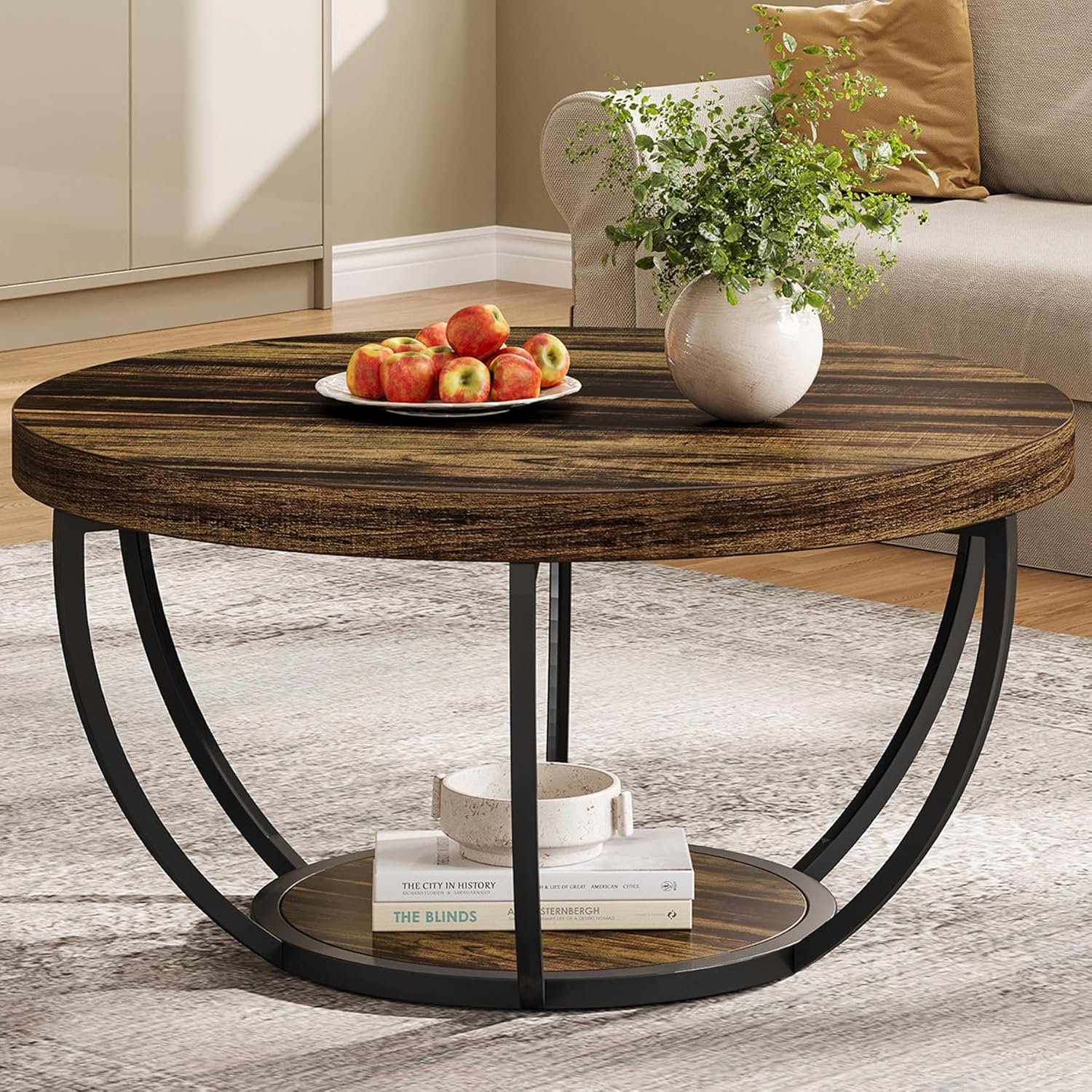 Tribesigns Round Coffee Table, 31.7" Wooden 2-Tier Circle Coffee Table with Storage Shelves, Modern Accent Cocktail Table Center Table for Living Room, Rustic Brown