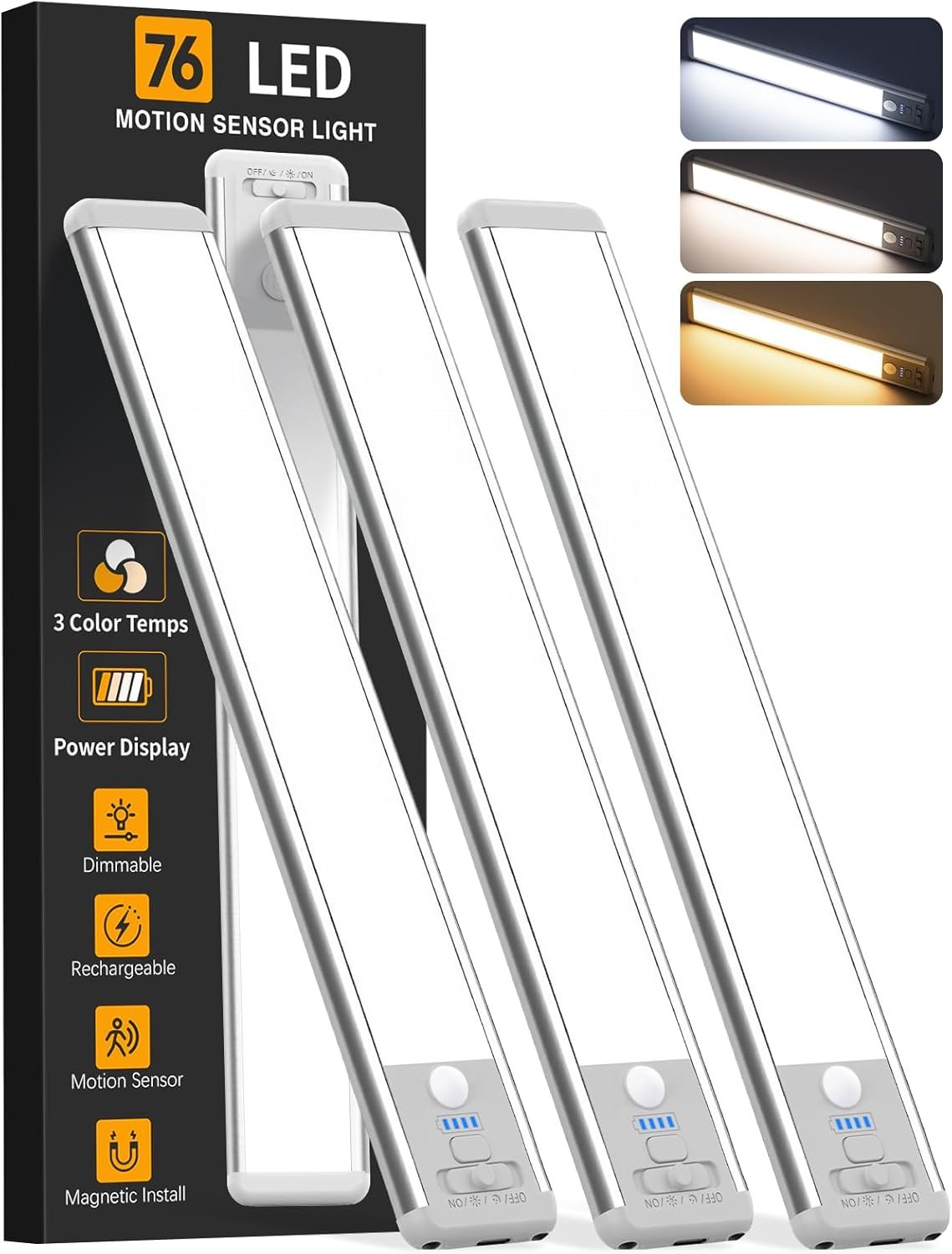 Under Cabinet Lighting Wireless, Rechargeable Motion Sensor Light Indoor, 3 Color Dimmable Closet Light Battery Operated with LED Power Display, Magnetic Under Counter Lights for Kitchen, Home (3Pack) - Image 1