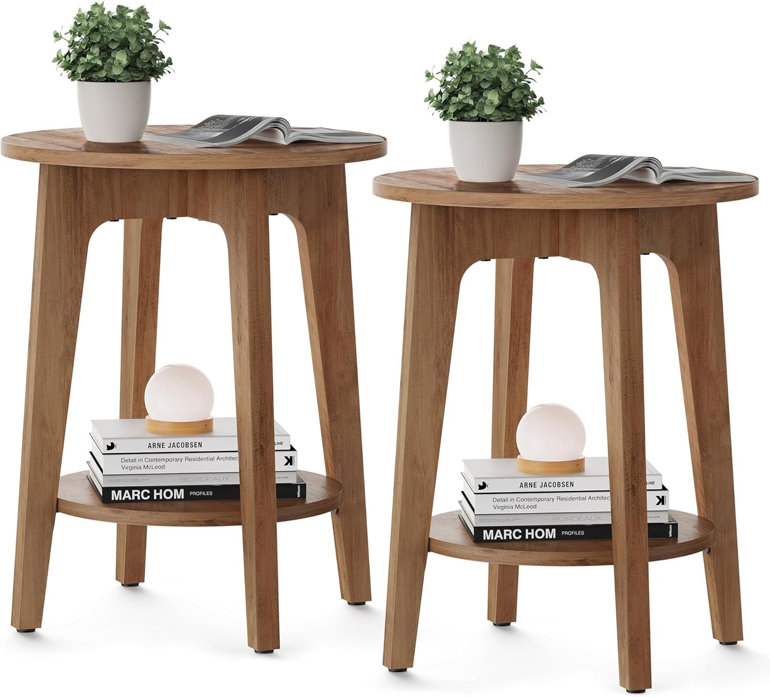 VASAGLE MAEZO Collection - Set of 2 Side Tables, 2-Tier Small Round End Tables, Nightstands with Tapered Legs, Curved Transitions, for Small Spaces, Living Room, Bedroom, Rustic Walnut ULET289K01