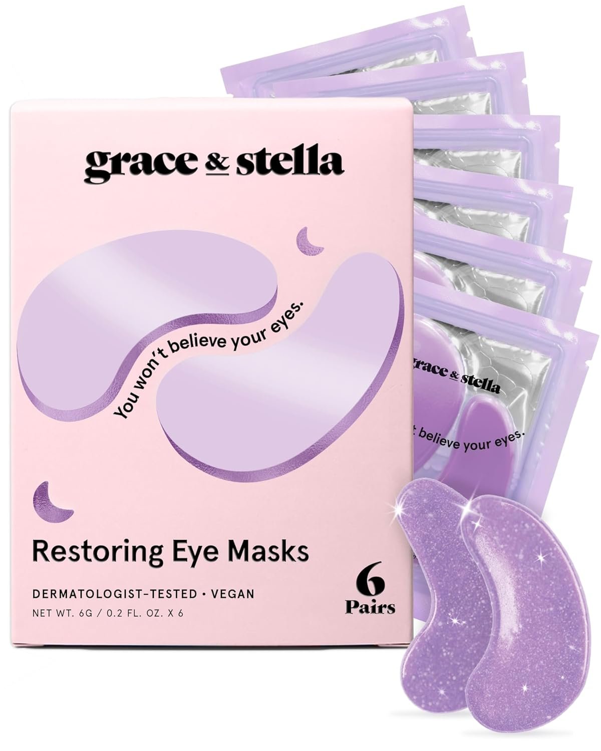 grace & stella Retinol Under Eye Patches for Puffy Eyes and Dark Circles, Restoring Gel Under Eye Masks with Hyaluronic Acid - Vegan Cruelty-Free Skincare - Valentine Party Favors (Purple, 6 Pairs)
