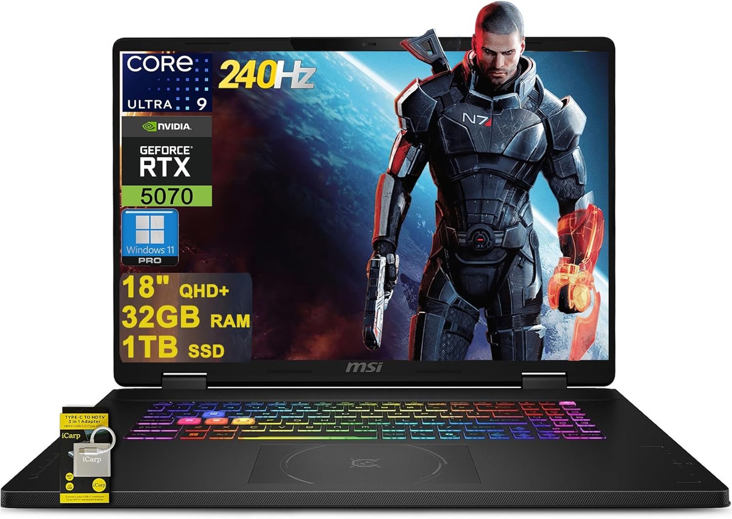 msi Crosshair 18 HX AI Gaming Laptop 18" QHD+ IPS 240Hz Intel 24-core Ultra 9 275HX (>i9-14900HX) 32GB DDR5 1TB SSD GeForce RTX 5070 (Up to 798 AI Tops) RGB Backlit Thunderbolt Win11Pro ICP Hub