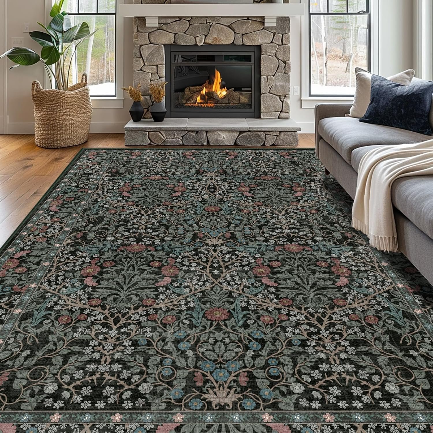 shinefly 8x10 Washable Area Rugs for Living Room, Stain Resistant Vintage Rugs for Dining Room Under Kitchen Table, Bedroom, Floral Low Pile Non-Slip Large Carpet (8 x 10 Dark Green) - Image 1